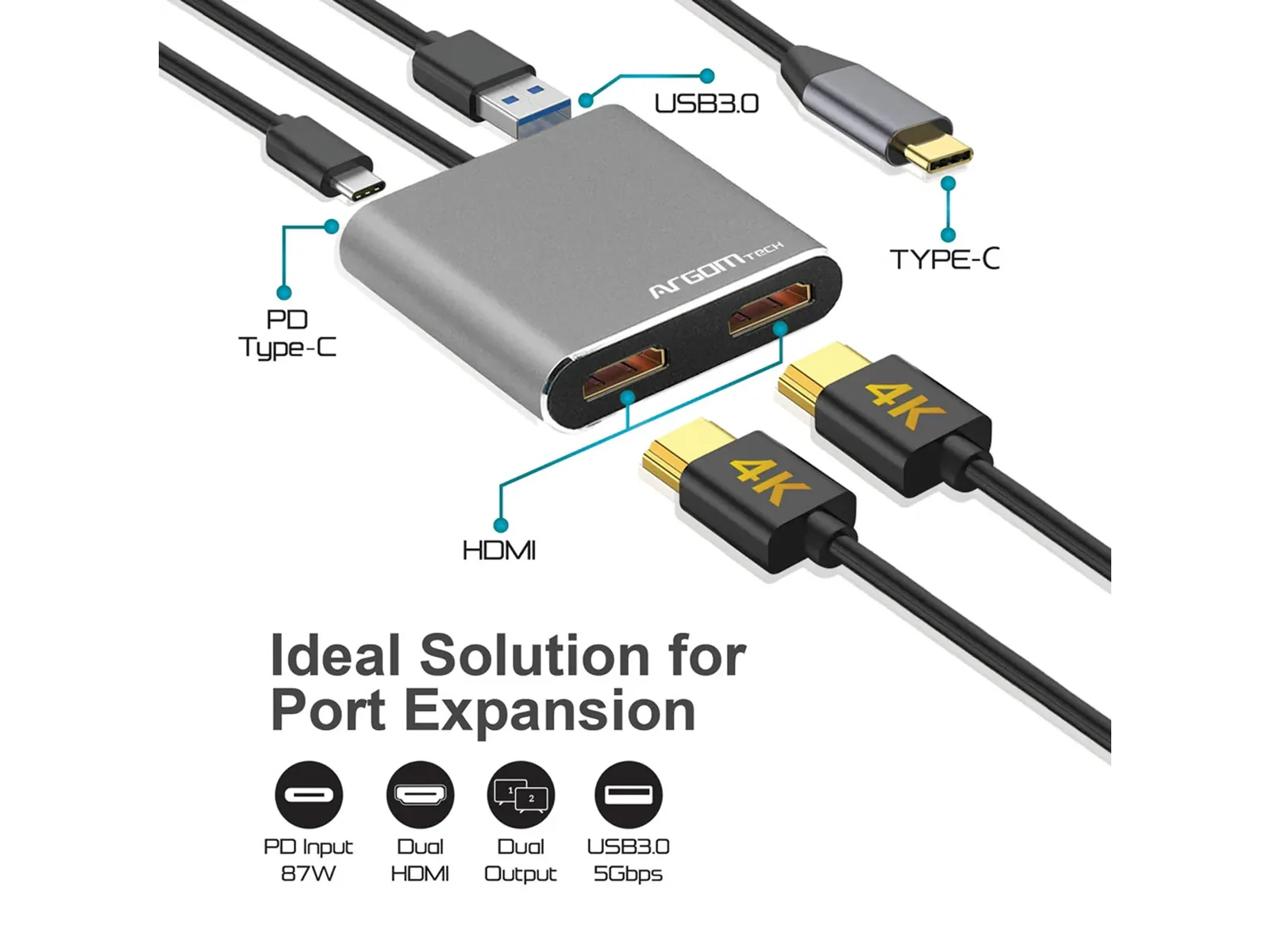 Adaptador One Axess | HUB 4 en 1, USB Tipo C, Paso de carga, Dual HDMI