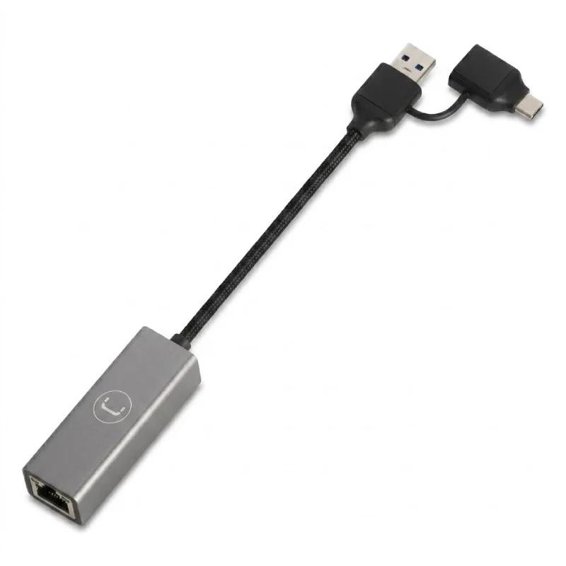 Adaptador Unno Tekno 2 en 1 USB 3.0 a Ethernet Gigabit AD3007GY USB-C y USB-A RJ45 Gris