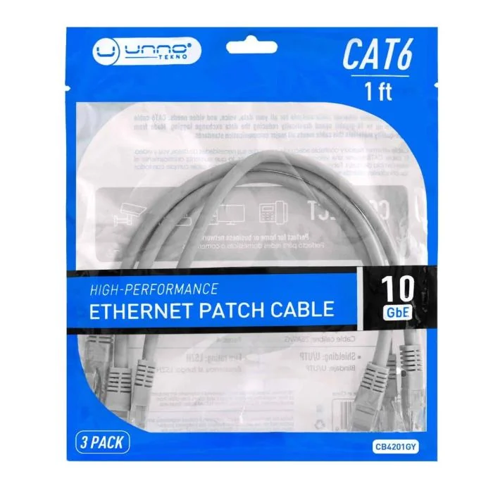 Cable de Red Unno Tekno CB4301GY Con Conector RJ45 CAT6 0,3 Metros (Paquete de 3)