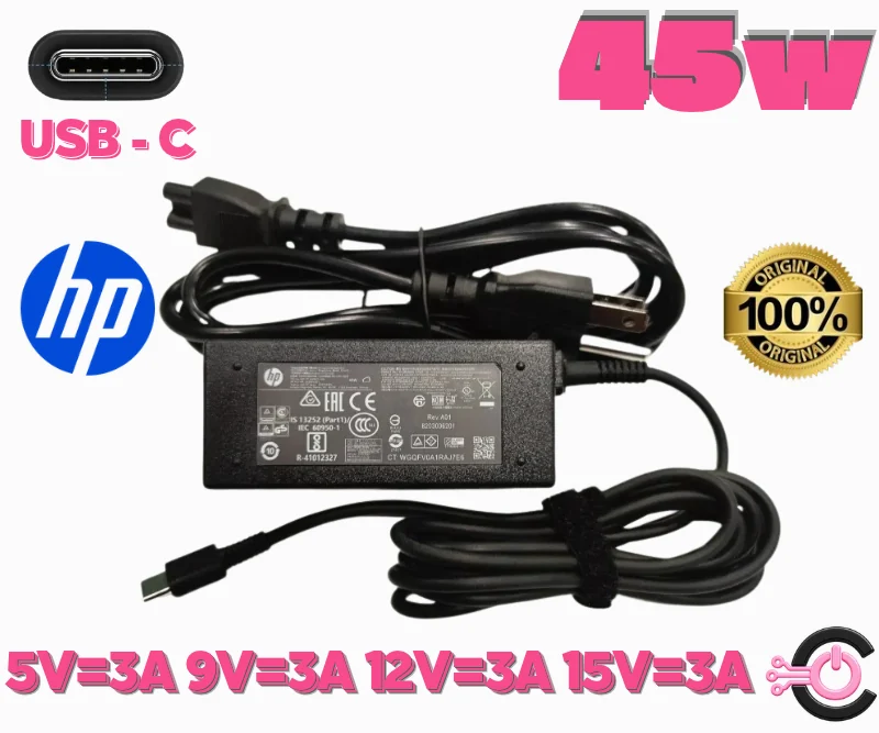 CARGADOR HP 45 WATTS TIPO C ORIGINAL 5V=3A 9V=3A 12V=3A 15V=3A
