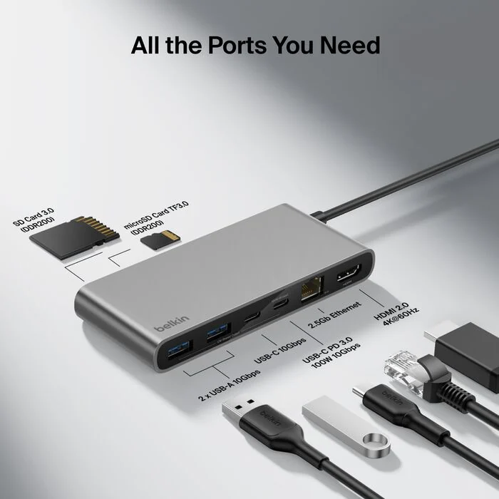 HUB USB-C Marca Belkin Modelo Connect 8-Port Ofrece Hasta 100 Watts De Potencia Con Conexion 2.5Gb Ethernet Color Gris Espacial