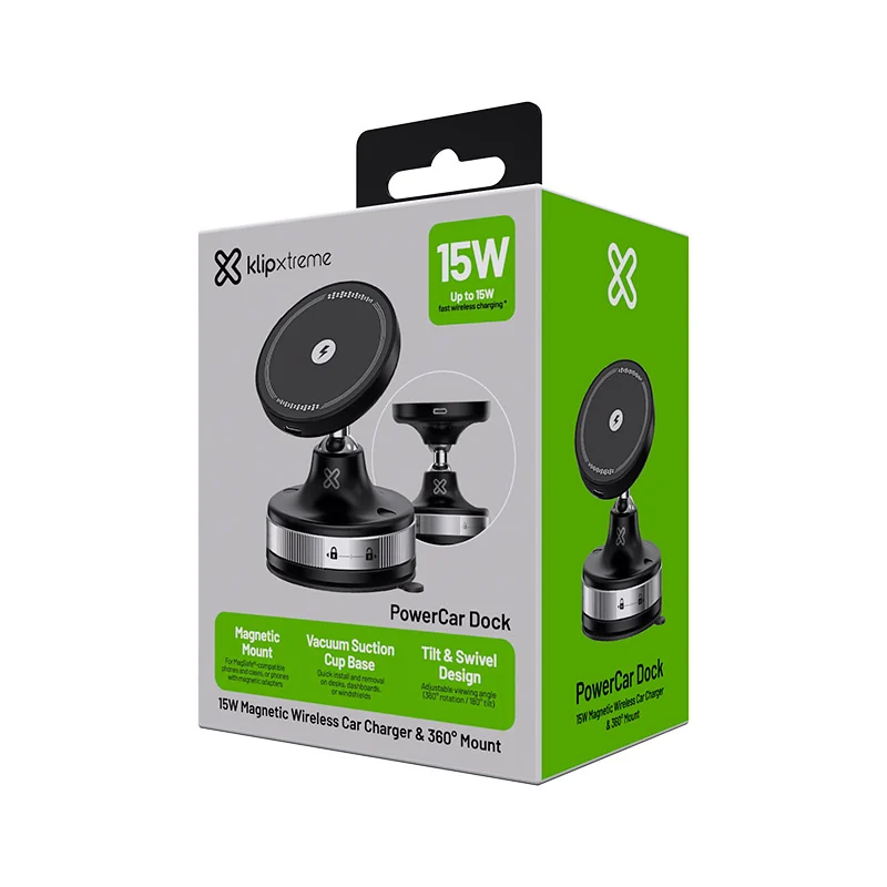 Klip Xtreme - Soporte de carga inalámbrica para coche - 15 vatios - USB-C de 24 pines - Teléfono móvil / Auriculares inalámbricos / Apple AirPods / Apple Watch - Inalámbrico - Para smartphones - Articulado por vacío