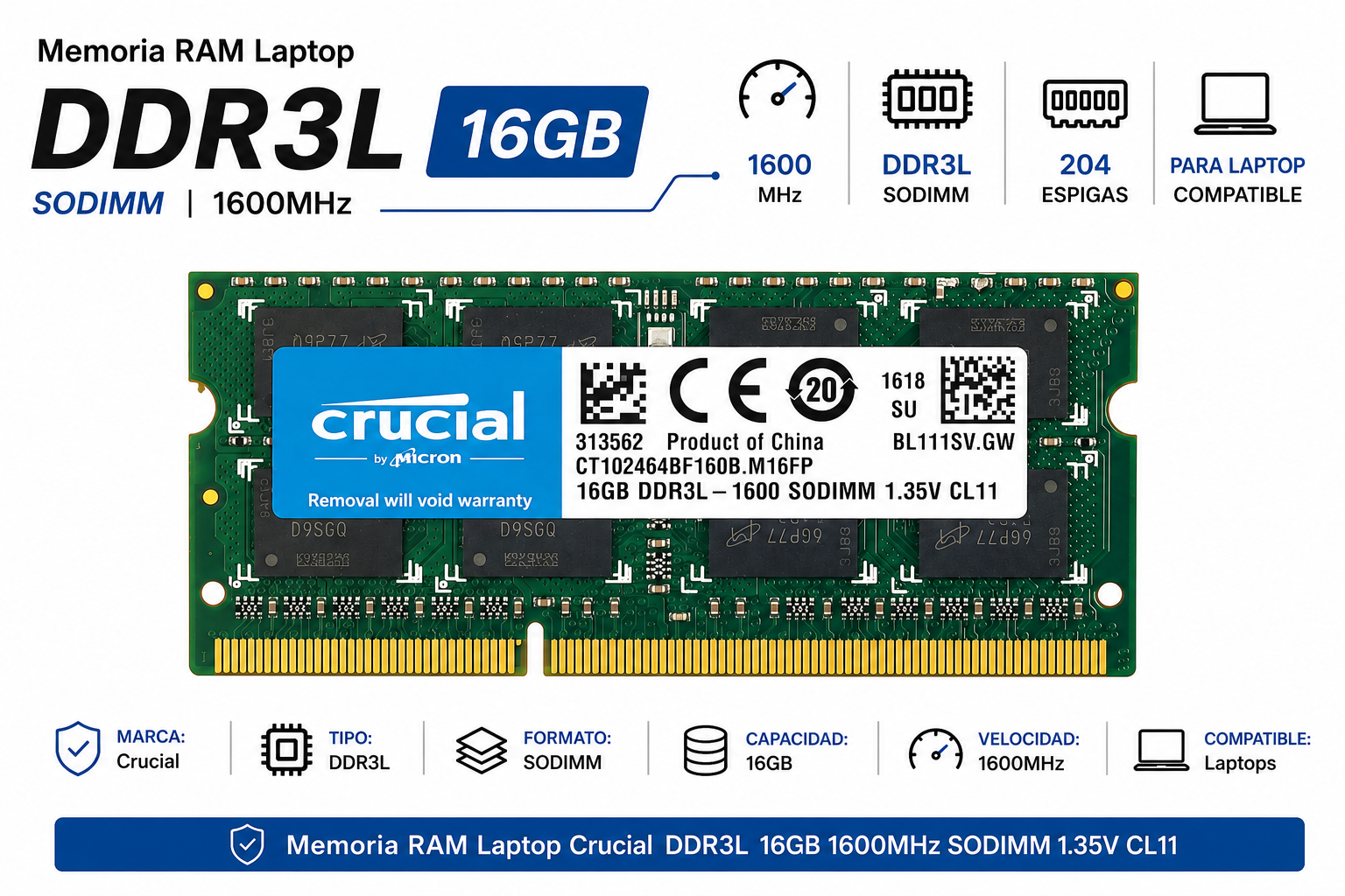 Memoria RAM Laptop Crucial DDR3L 16GB 1600MHz SODIMM