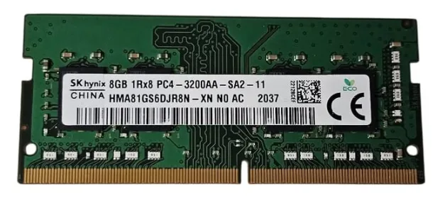 Memoria 1 (SK hynix) Marca: SK hynix Capacidad: 8 GB Organización: 1Rx16 Tipo: DDR4 SO-DIMM Velocidad: PC4-3200AA (3200 MT/s) Voltaje: 1.2V ✅