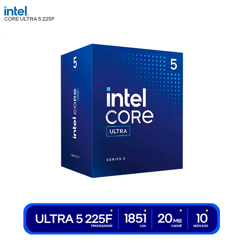 Intel, Core Ultra 5-225F, 10 Nucleos (6P + 4E), hasta 4.9GHz Para PC