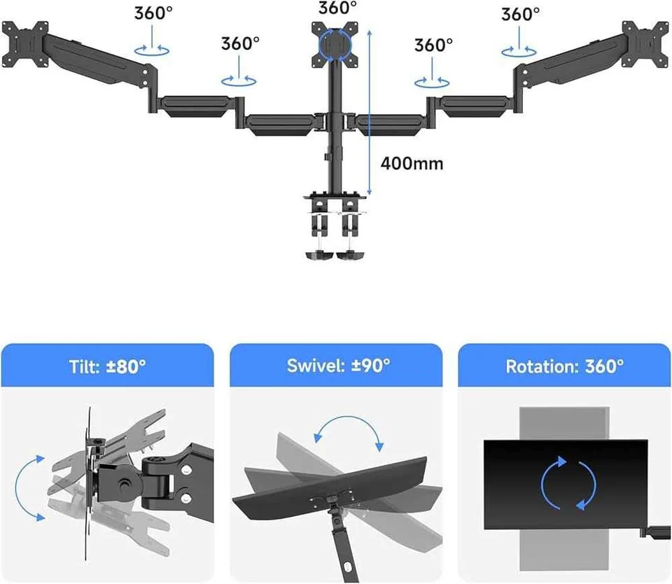 suptek Soporte de monitor triple para la mayoría de pantallas de 17 a 32 pulgadas, ajuste de resorte