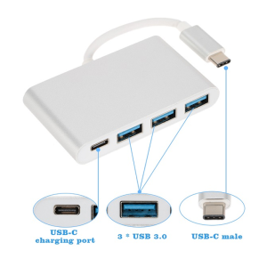 Adaptador USB-C a 3 x USB AO-AD-1009 Macho-Hembra Plateado