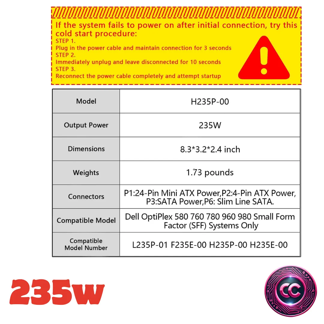 Fuente de alimentación de 235 W para sistemas de factor de forma pequeño (SFF) DELL Optiplex 580 760 780 960 y 980