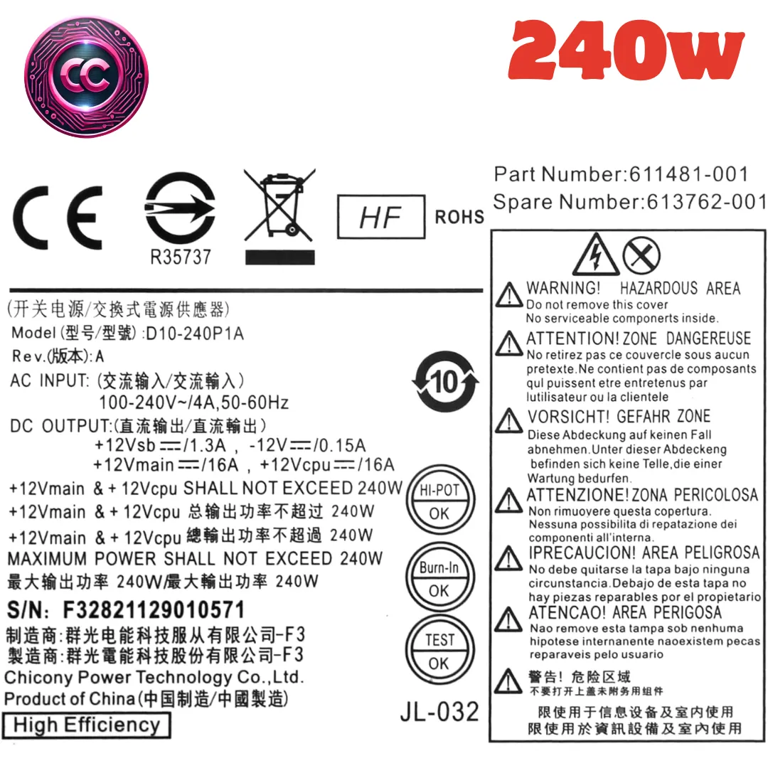 fuente de alimentación de 240W 503375-001 para HP Elite 8000 8100 8200 SFF Pro 6000 6005 6200