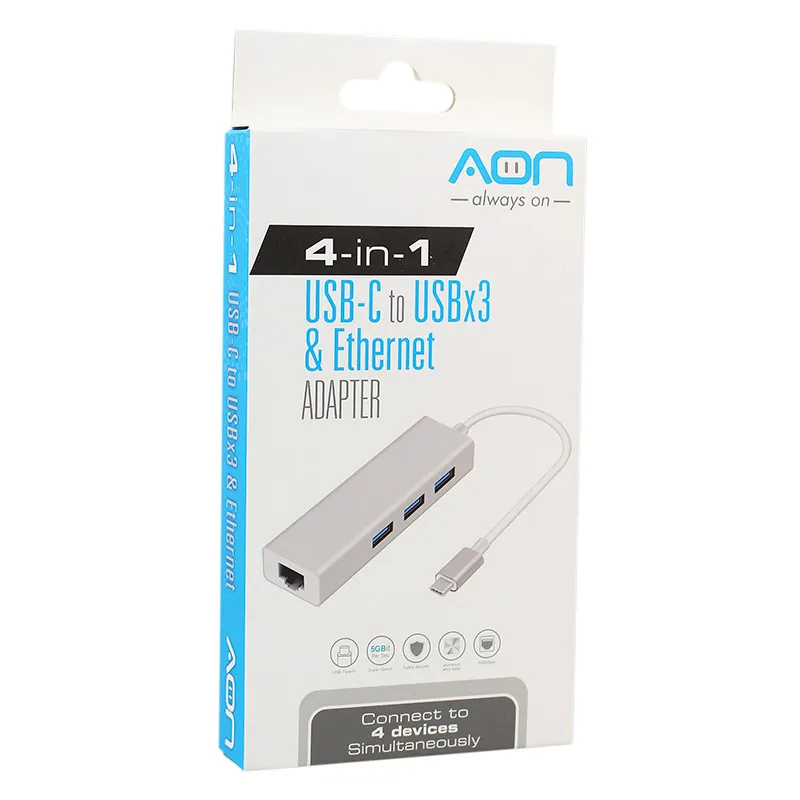 Adaptador USB-C a USB, RJ45 AON AO-AD-1010 Macho-Hembra Plateado