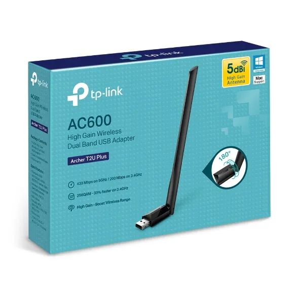 Adaptador USB TP-Link Archer T2U Plus AC600 WiFi Dual Band Alta Ganancia