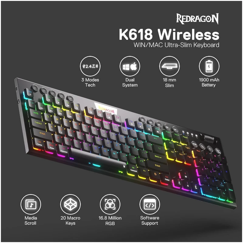 Teclado Redragon Gaming Horus Inalambrico Negro RGB Tkl Switch Rojo K621 Mecanico