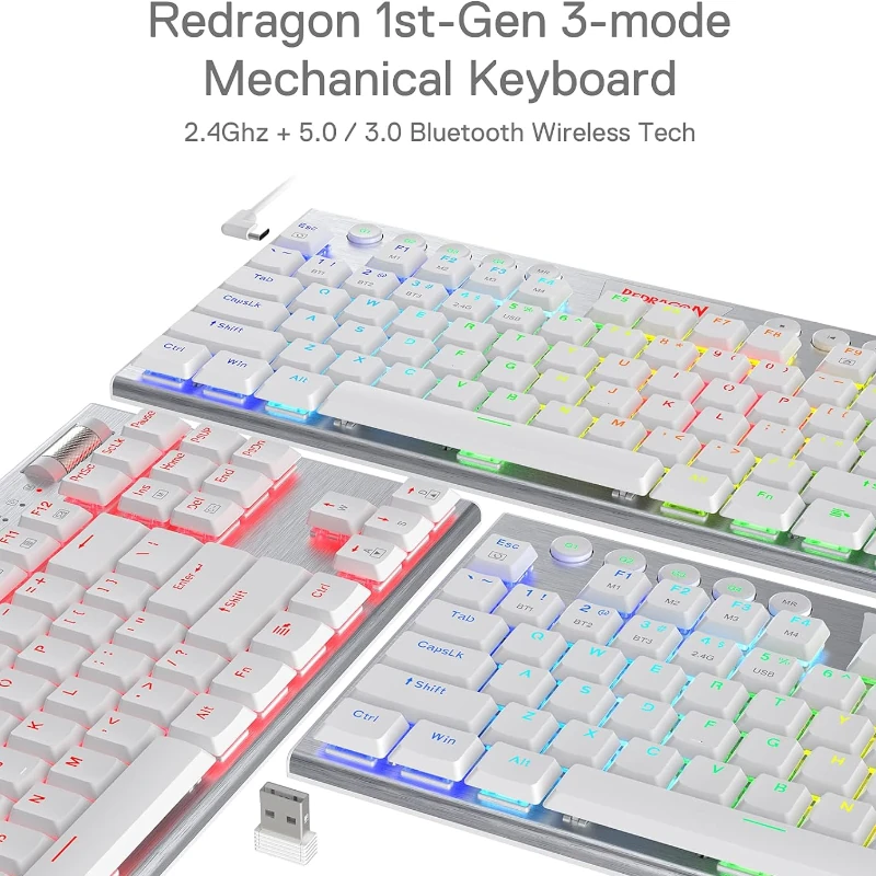 Teclado Redragon Gaming Horus Inalambrico Blanco RGB Tkl Switch Rojo K621W Mecanico