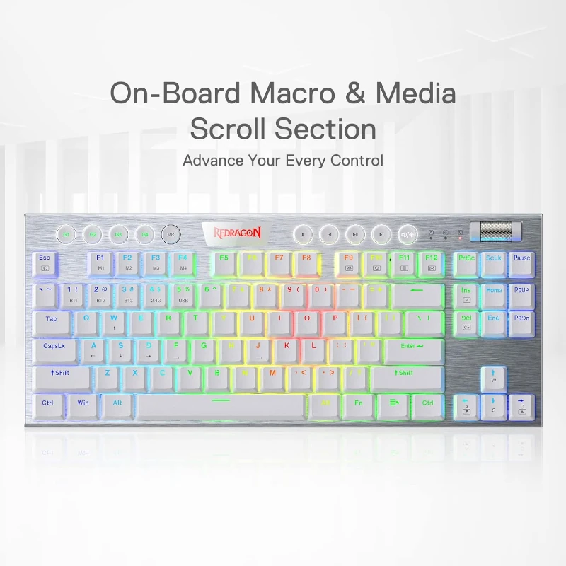 Teclado Redragon Gaming Horus Inalambrico Blanco RGB Tkl Switch Rojo K621W Mecanico
