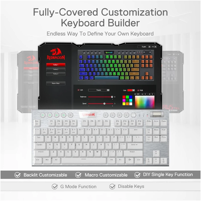 Teclado Redragon Gaming Horus Inalambrico Blanco RGB Tkl Switch Rojo K621W Mecanico