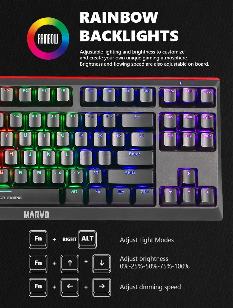 Teclado Marvo Gaming Usb Tipo-C Negro Rainbow Switch Azul Kg953 Mecanico Tkl Anti-Ghosting