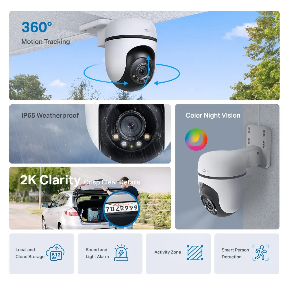 Cámara de Vigilancia Wi-Fi de 360 Grados para Exteriores con Vista 2K y Detección IA