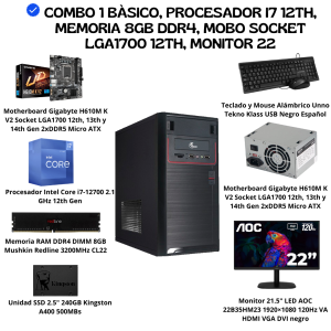 COMBO 1 BÀSICO, PROCESADOR I7 12TH, MEMORIA 8GB DDR4, MOBO SOCKET LGA1700 12TH, MONITOR 22